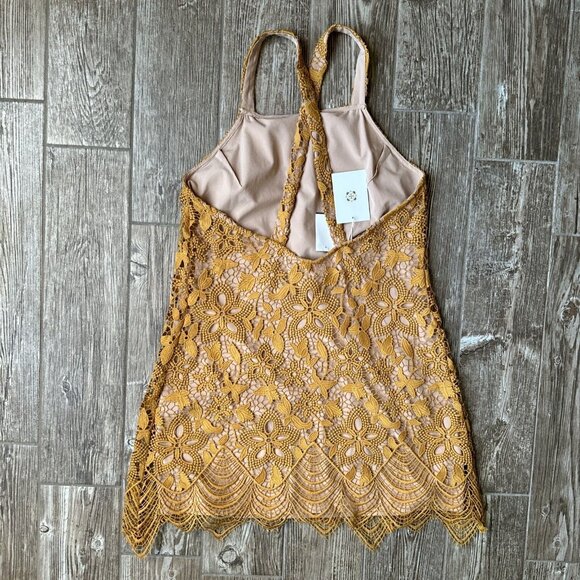 WAYF Dress Womens L Crochet‎ Lace Floral Sleeveless Yellow Flapper Sheer Cottage - Picture 8 of 8